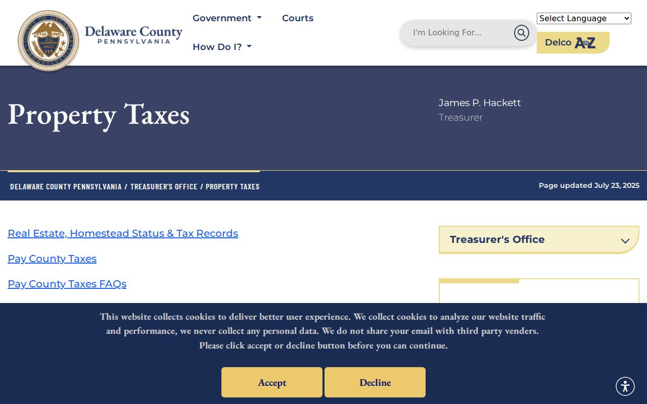 Ridley Township street directory Delaware County property taxes page